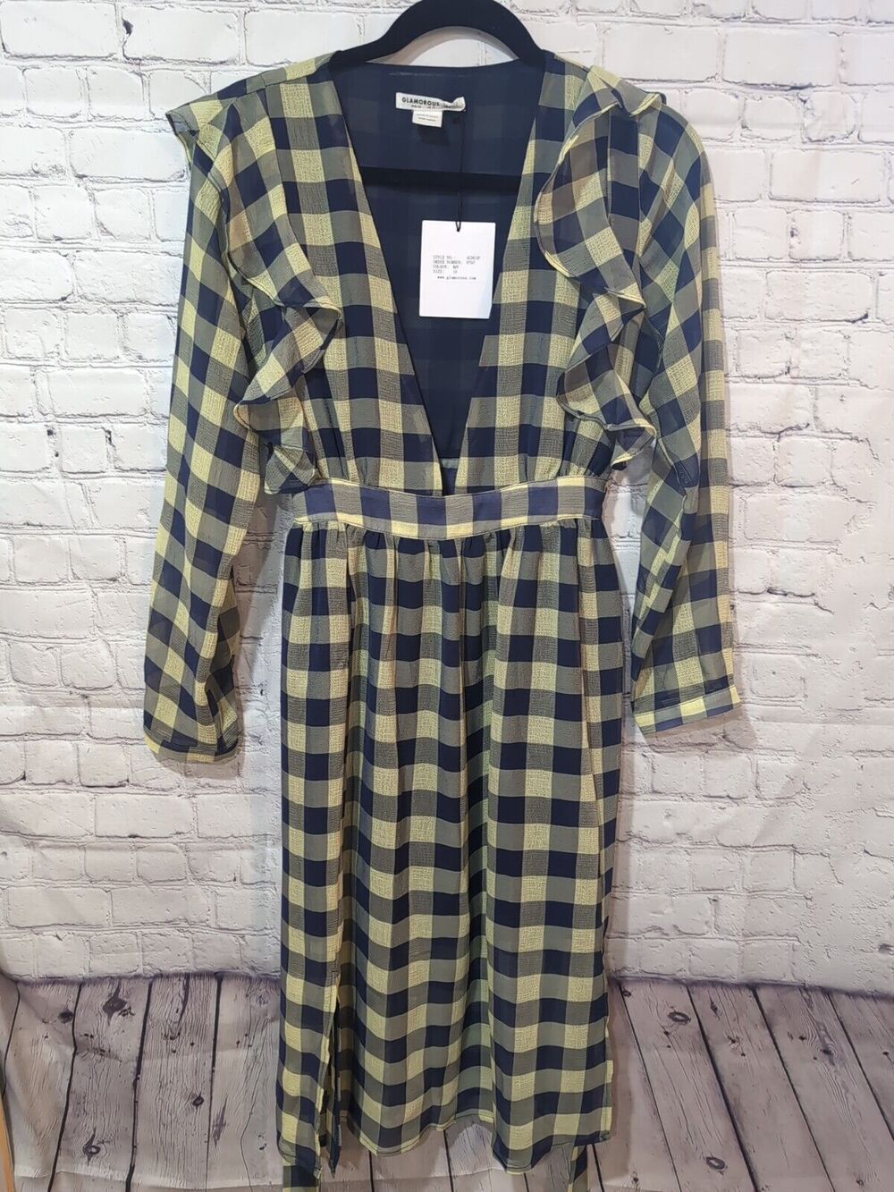 Glamorous Petite Navy Green Check Plunge Neck Ruffle Sleeve MIDI Dress Sz 6 NWT